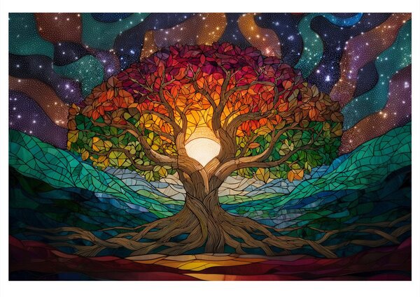 Quadro su tela – Albero della vita in paesaggio arcobaleno