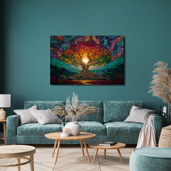 Quadro su tela – Albero della vita in paesaggio arcobaleno