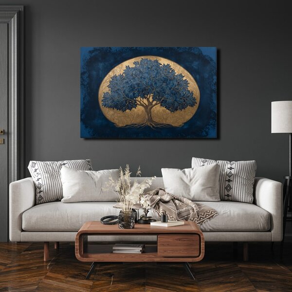 Quadro su tela – Albero della vita blu su sfondo dorato