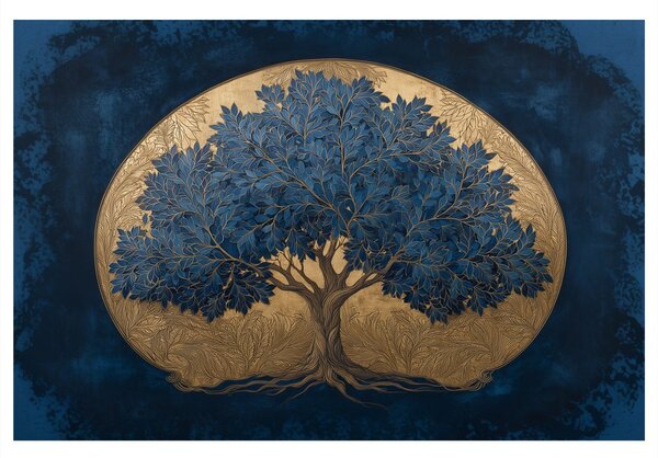 Quadro su tela – Albero della vita blu su sfondo dorato
