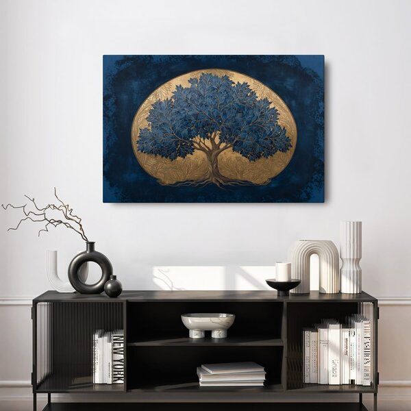 Quadro su tela – Albero della vita blu su sfondo dorato