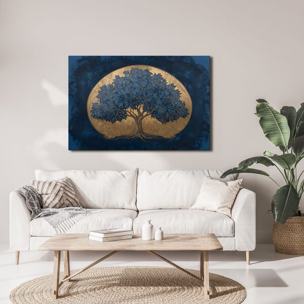 Quadro su tela – Albero della vita blu su sfondo dorato