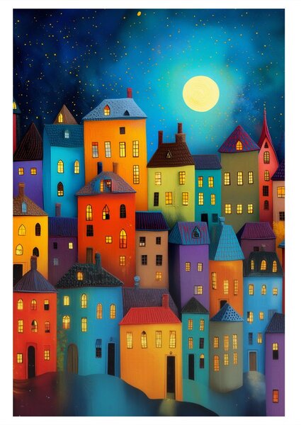 Quadro su tela – Case colorate sotto le stelle