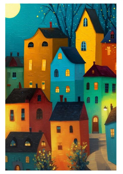 Quadro su tela – Case colorate di notte