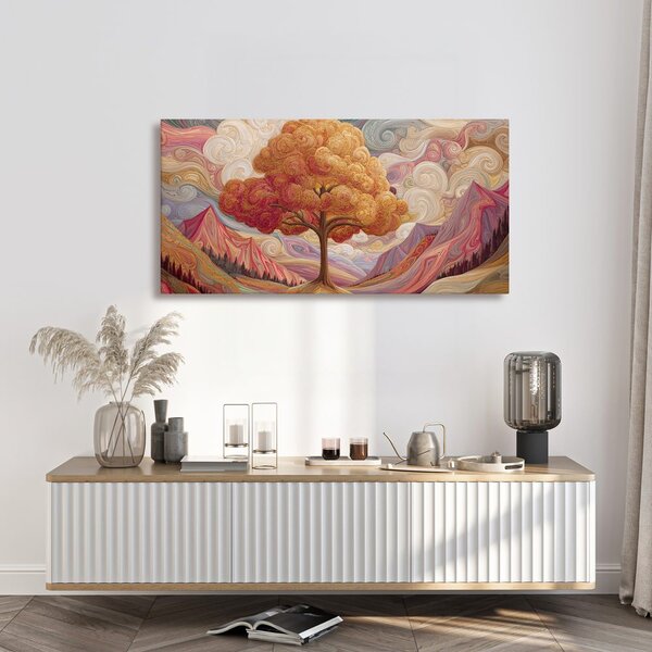 Quadro su tela – Albero della vita colorato con montagne