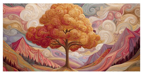Quadro su tela – Albero della vita colorato con montagne