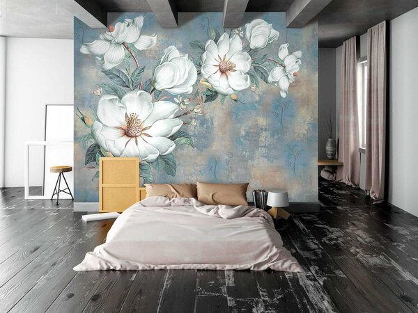 Carta da parati Fiori bianchi su sfondo blu, Carta da parati Fiori grandi, Carta da parati popolare, u38839 - Tapeko.it