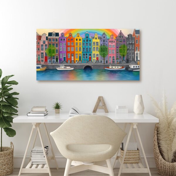 Quadro su tela – Case colorate sotto l'arcobaleno