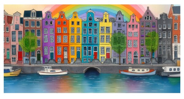 Quadro su tela – Case colorate sotto l'arcobaleno