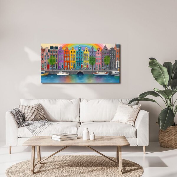 Quadro su tela – Case colorate sotto l'arcobaleno