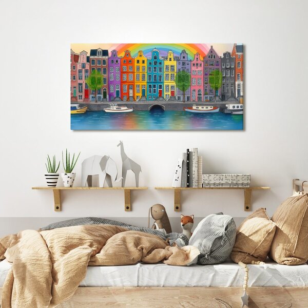 Quadro su tela – Case colorate sotto l'arcobaleno
