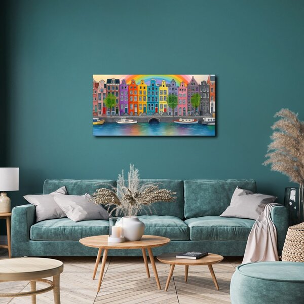Quadro su tela – Case colorate sotto l'arcobaleno