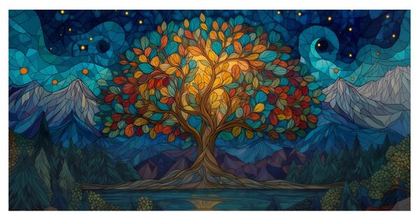 Quadro su tela – Paesaggio notturno con albero della vita