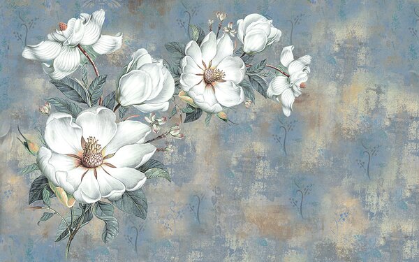 Carta da parati Fiori bianchi su sfondo blu, Carta da parati Fiori grandi, Carta da parati popolare, u38839 - Tapeko.it