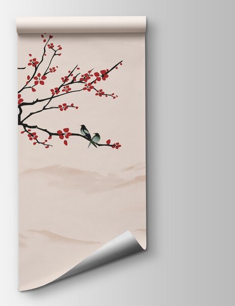 Carta da parati Ramo d'albero con fiori rossi e un uomo su una barca, Carta da parati acquerello sul muro, Carta da parati popolare, u40186 - Tapeko.it