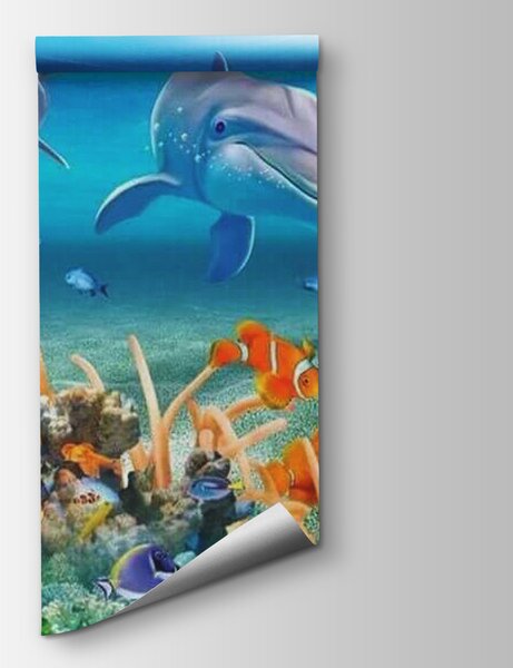 Carta da parati Gruppo di pesci e delfini che nuotano nell'oceano, Carta da parati Mare, Carta da parati popolare, u40487 - Tapeko.it