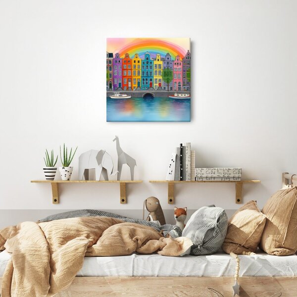 Quadro su tela – Paesaggio urbano con arcobaleno