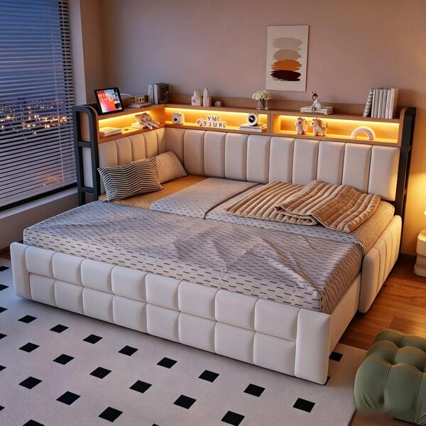 Divano letto imbottito, dimensioni 90x200 cm, color beige, rivestito in velluto, con illuminazione LED, prese USB e di tipo C, e cassetti contenitori per la camera da letto