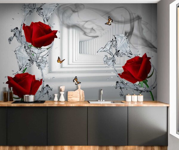 Carta da parati Rose rosse e farfalle in un bicchiere, Carta da parati 3d fiori, Carta da parati popolare, u41092 - Tapeko.it