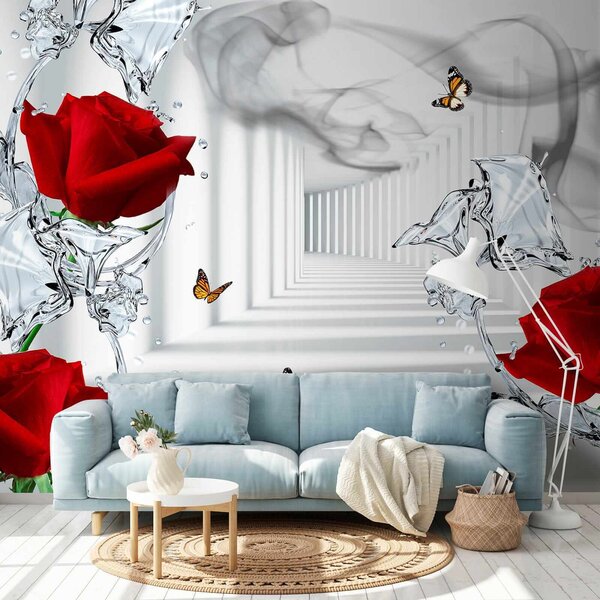 Carta da parati Rose rosse e farfalle in un bicchiere, Carta da parati 3d fiori, Carta da parati popolare, u41092 - Tapeko.it
