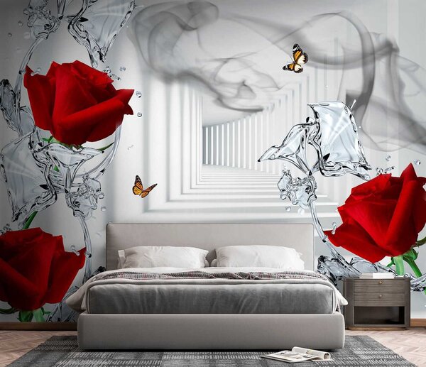 Carta da parati Rose rosse e farfalle in un bicchiere, Carta da parati 3d fiori, Carta da parati popolare, u41092 - Tapeko.it