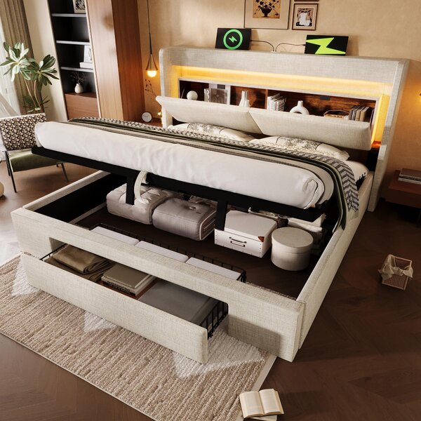 Letto imbottito 160x200 cm, color beige, rivestito in lino, con spazio contenitore a sollevamento idraulico, testiera con vano portaoggetti, illuminazione LED e porte USB e USB-C, ideale per la camera da letto