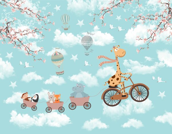 Carta da parati Giraffa in bicicletta con animali in treno, Carta da parati per Bambini, Carta da parati popolare, u41137 - Tapeko.it