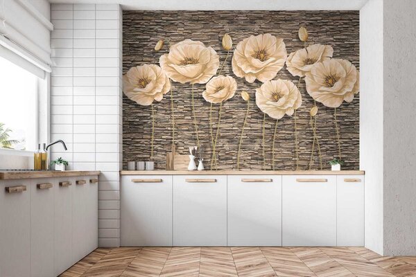 Carta da parati Gruppo di fiori su un muro di mattoni, Carta da parati 3d fiori, Carta da parati popolare, u41855 - Tapeko.it