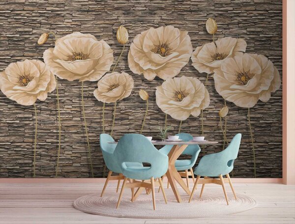 Carta da parati Gruppo di fiori su un muro di mattoni, Carta da parati 3d fiori, Carta da parati popolare, u41855 - Tapeko.it