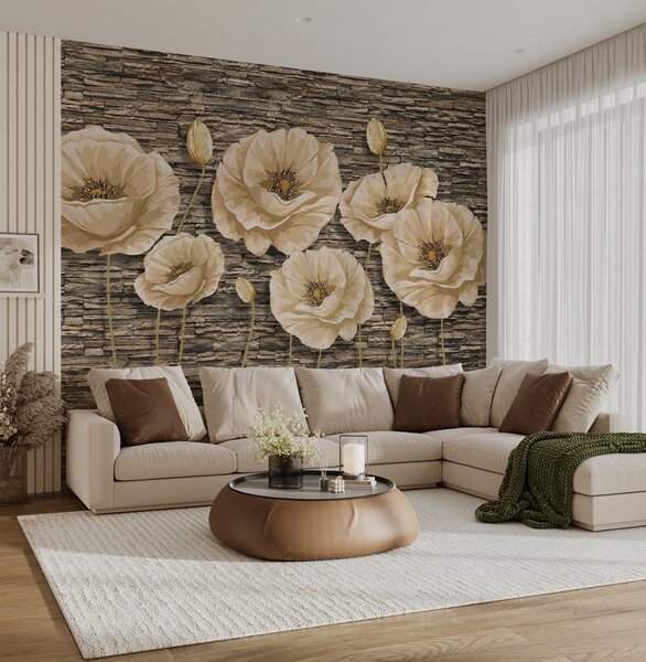 Carta da parati Gruppo di fiori su un muro di mattoni, Carta da parati 3d fiori, Carta da parati popolare, u41855 - Tapeko.it