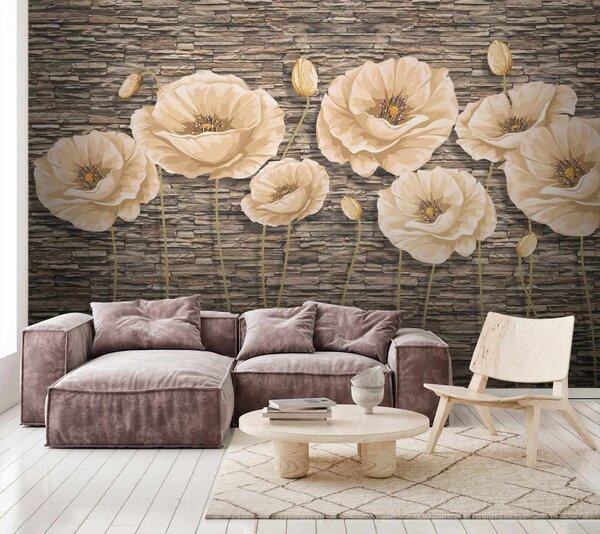 Carta da parati Gruppo di fiori su un muro di mattoni, Carta da parati 3d fiori, Carta da parati popolare, u41855 - Tapeko.it