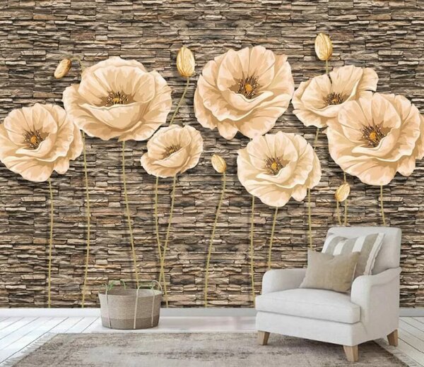 Carta da parati Gruppo di fiori su un muro di mattoni, Carta da parati 3d fiori, Carta da parati popolare, u41855 - Tapeko.it