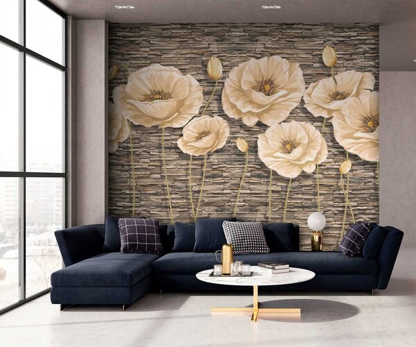 Carta da parati Gruppo di fiori su un muro di mattoni, Carta da parati 3d fiori, Carta da parati popolare, u41855 - Tapeko.it