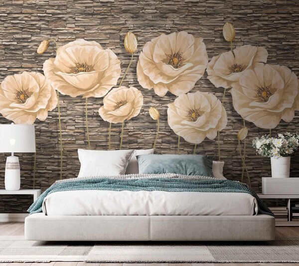 Carta da parati Gruppo di fiori su un muro di mattoni, Carta da parati 3d fiori, Carta da parati popolare, u41855 - Tapeko.it