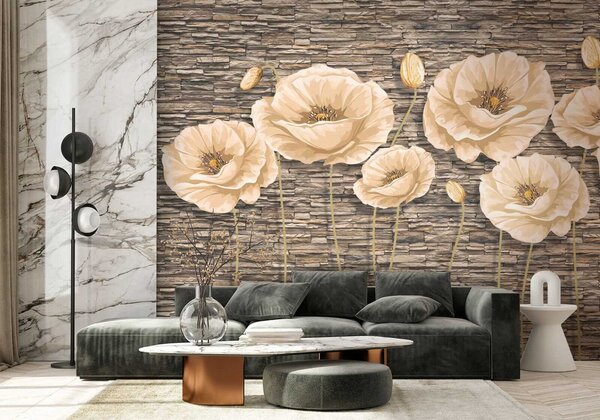 Carta da parati Gruppo di fiori su un muro di mattoni, Carta da parati 3d fiori, Carta da parati popolare, u41855 - Tapeko.it