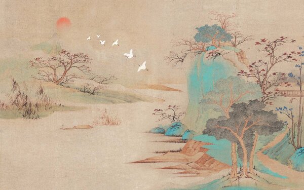 Carta da parati Pittura di un paesaggio con alberi e uccelli in volo, Carta da parati design, Carta da parati popolare, u42038 - Tapeko.it