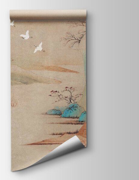 Carta da parati Pittura di un paesaggio con alberi e uccelli in volo, Carta da parati design, Carta da parati popolare, u42038 - Tapeko.it