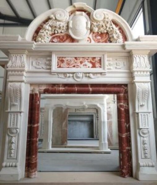 Casa Padrino: cornice barocca per camino bianco/rosso 208 x 38 x h. 243 cm - Magnifica cornice per camino in marmo di alta qualità - Mobili in marmo in stile barocco