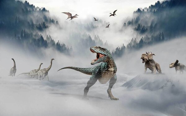 Carta da parati Gruppo di dinosauri nella neve, Carta da parati animali, Carta da parati popolare, u43363 - Tapeko.it