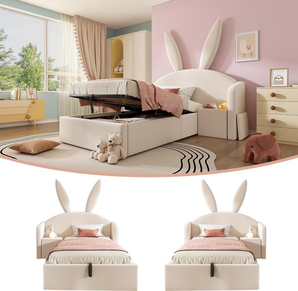 Letto imbottito 90x200 cm, color beige, realizzato in legno al 100%, con struttura in metallo e rivestimento in velluto. Include contenitore sotto il letto e comodino. Ideale per la camera da letto dei ragazzi