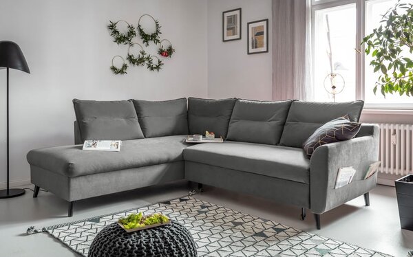 Divano letto angolare in velluto grigio chiaro L, angolo sinistro Stylish Stan - Miuform