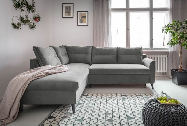 Divano letto angolare in velluto grigio chiaro L, angolo sinistro Stylish Stan - Miuform