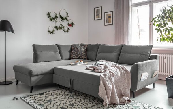 Divano letto angolare in velluto grigio chiaro L, angolo sinistro Stylish Stan - Miuform