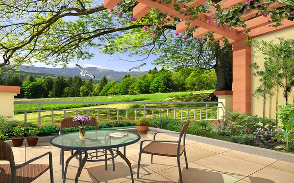 Carta da parati Patio con tavolo e sedie e vista su un campo verde, Carta da parati che aumenta lo spazio, Carta da parati popolare, u45230 - Tapeko.it