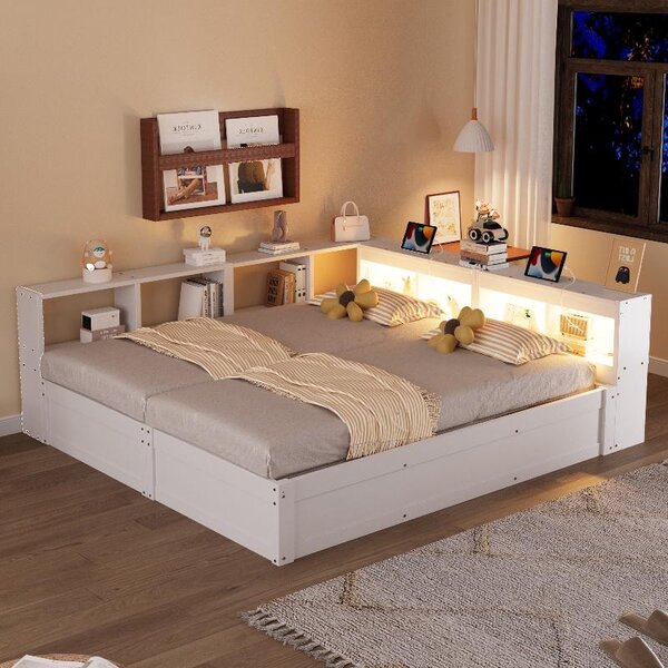Letto contenitore divano letto 90/180 x 200 cm, bianco, con struttura in legno, dotato di luce a LED e presa di corrente, ideale per la camera da letto