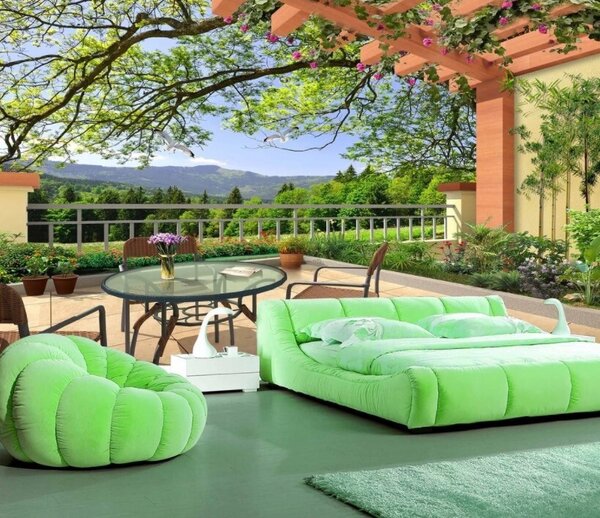 Carta da parati Patio con tavolo e sedie e vista su un campo verde, Carta da parati che aumenta lo spazio, Carta da parati popolare, u45230 - Tapeko.it