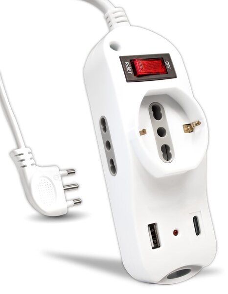 Ciabatta multipresa V-TAC con porta USB-C Power Delivery da 20 W, porta USB-A e 2 prese laterali