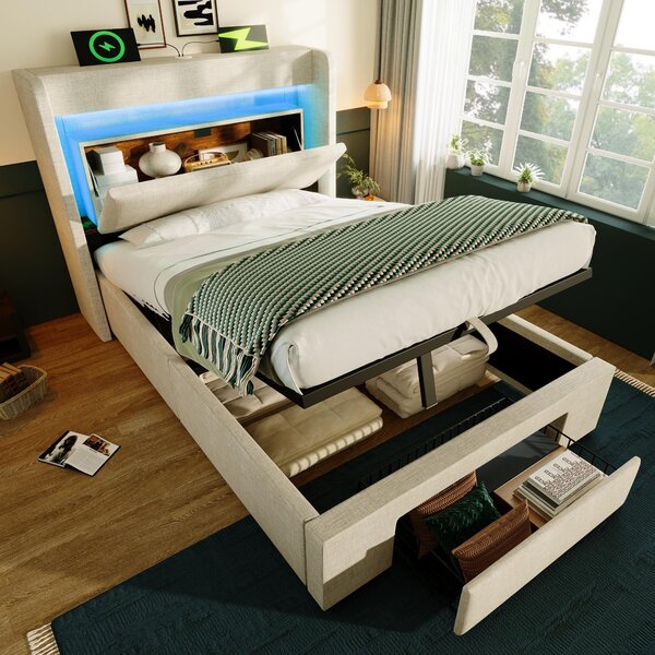 Letto imbottito 90x200 cm, color beige, rivestito in lino, con spazio contenitore a sollevamento idraulico, testiera con vano portaoggetti, prese USB e USB-C, ideale per la camera da letto