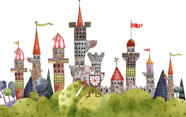 Carta da parati Acquerello di un castello, Carta da parati per Bambini, Carta da parati popolare, u46284 - Tapeko.it
