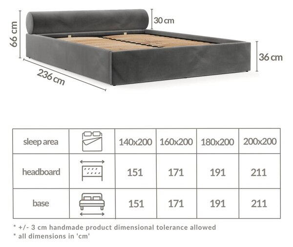 Letto matrimoniale imbottito grigio scuro con contenitore e rete inclusi 160x200 cm Solvo – Maison de Rêve